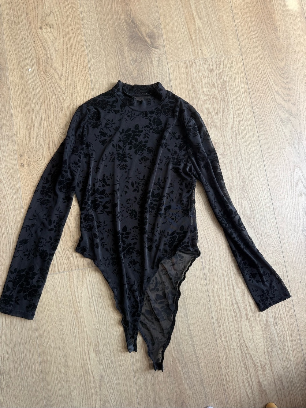 Black Velvet Flocked Floral Sheer Mesh Long Sleeve Bodysuit